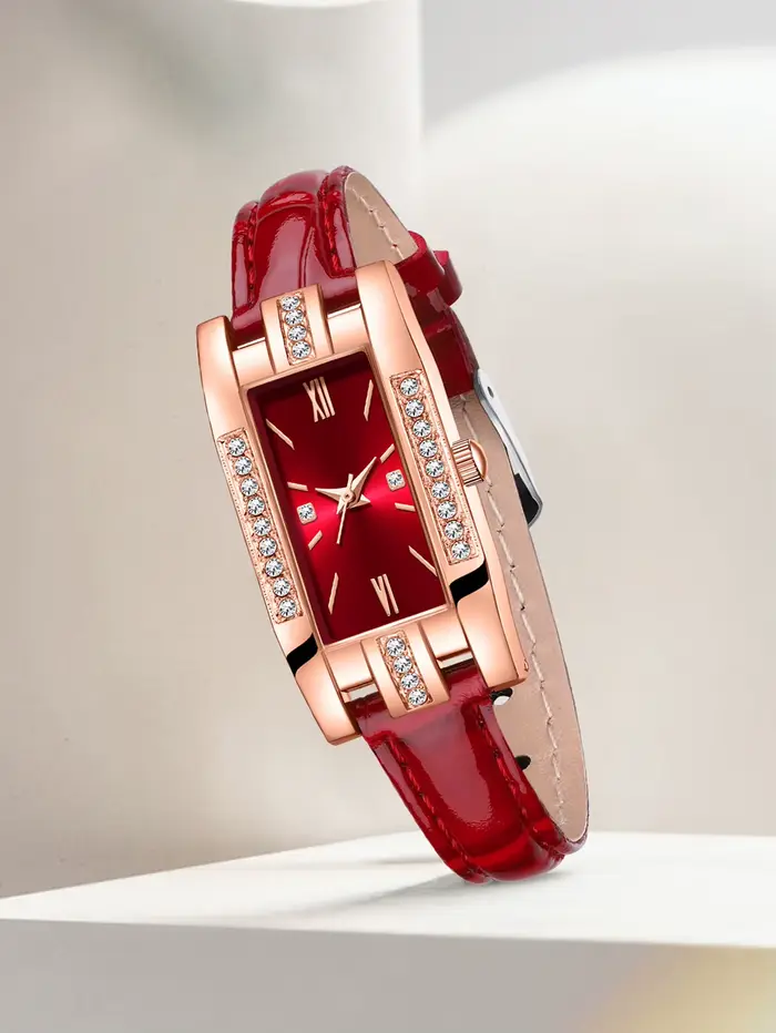 Montre rectangulaire pour femme avec bracelet en cuir incrusté de diamants en or rose