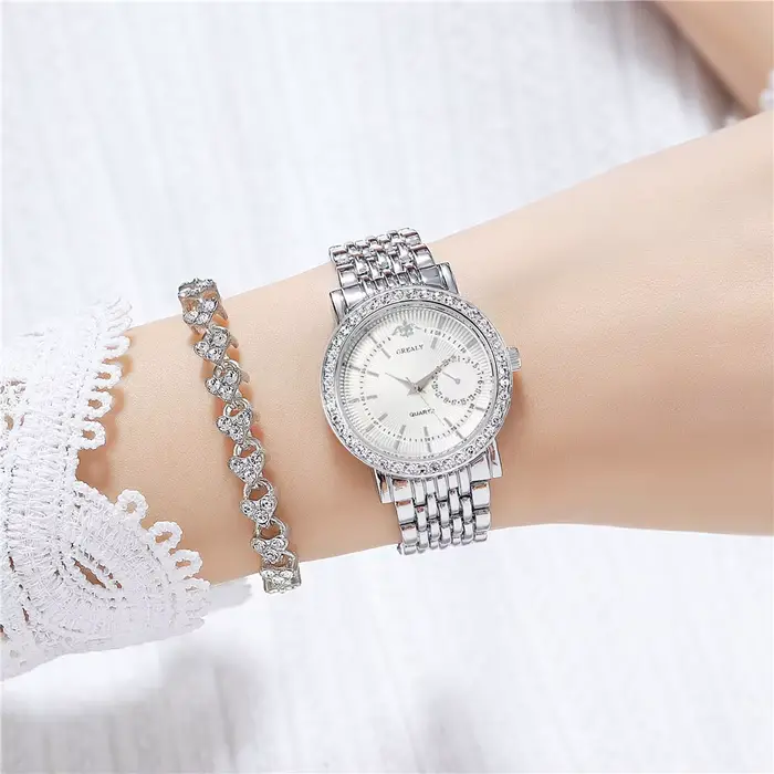 Montre Femme Élégante Bicolore Cristal Bracelet Acier Montre à Quartz