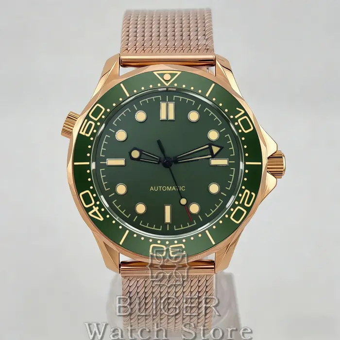 Montre de plongée mécanique BLIGER Vintage Bronze Or Rose 41mm pour homme NH35 PT5000 007 NTTD 100m avec lunette rouge bordeaux et bracelet en maille