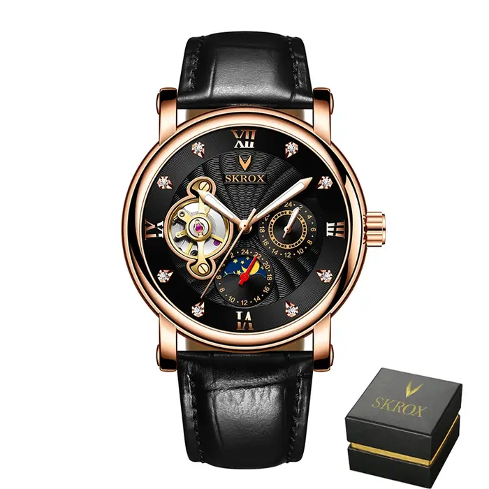 Montre SKROX Phase de lune Tourbillon Automatique à Remontage Automatique en Acier Inoxydable Cuir Pour Homme Occasions Spéciales