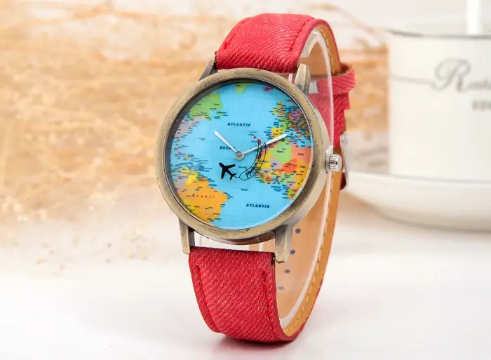 Montre pour homme en cuir avec cadran globe personnalisé mouvement quartz pour occasions quotidiennes et spéciales