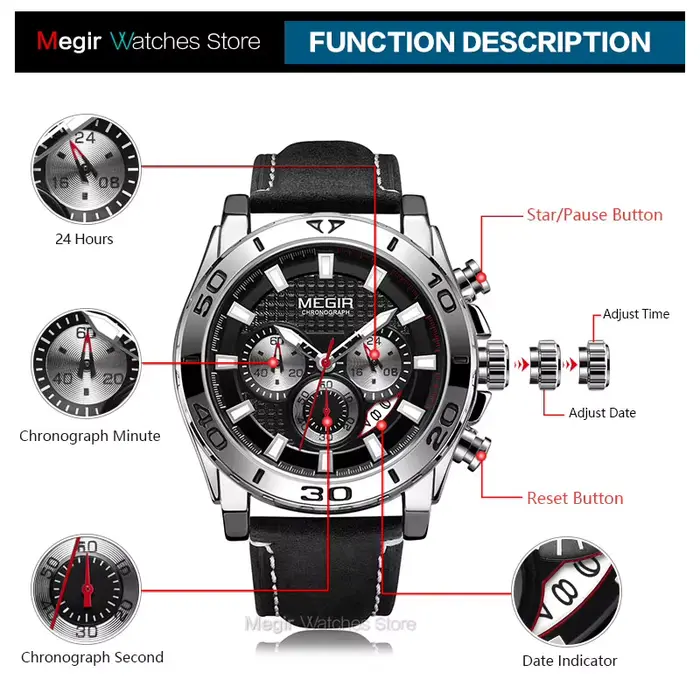 MEGIR hommes armée sport chronographe montres à Quartz bracelet en cuir lumineux étanche montre-bracelet homme Relogios horloge 2094 argent
