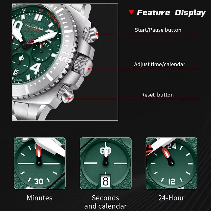 Montre de plongée chronographe à cadran vert de la marque haut de gamme FEELNEVER pour hommes