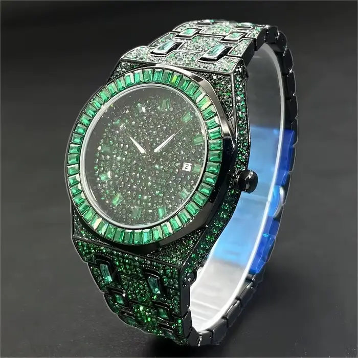 Montre à Quartz Verte Glacée pour Homme