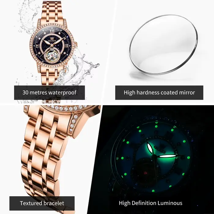 Montre de luxe mécanique automatique pour femme avec incrustations de diamants et design étoilé pour occasions spéciales et cadeaux