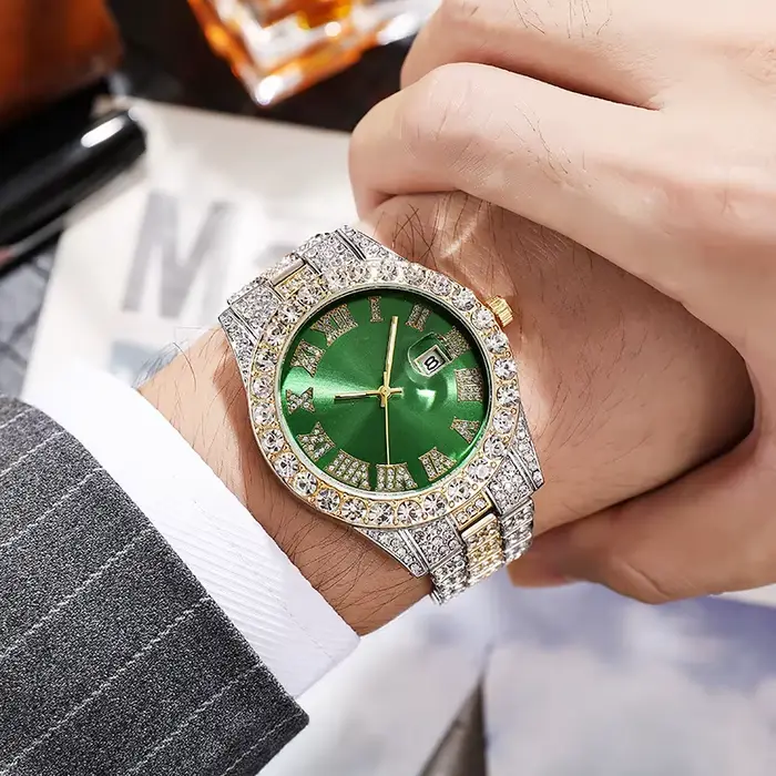 Montre de luxe Hip Hop en acier inoxydable pour hommes