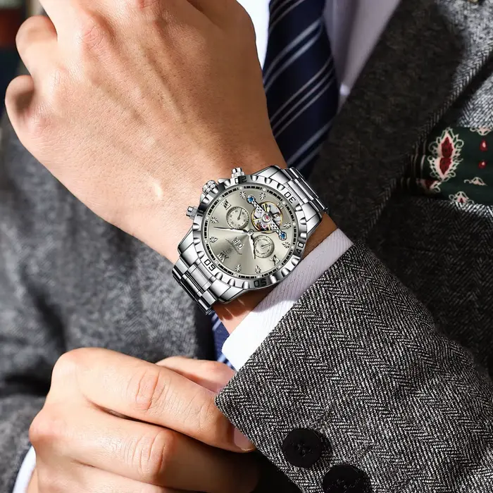 POEDAGAR haut de gamme hommes montre automatique Date semaine homme montre-bracelet creux Tourbillon mécanique en acier
