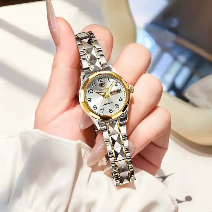 Montre de luxe JSDUN 8990 avec double calendrier et bracelet en acier au tungstène pour femmes occasions spéciales