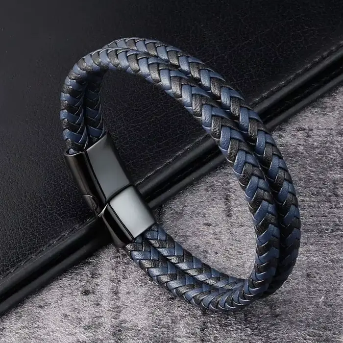 Bracelet en cuir véritable tressé noir et bleu pour hommes, Double bande