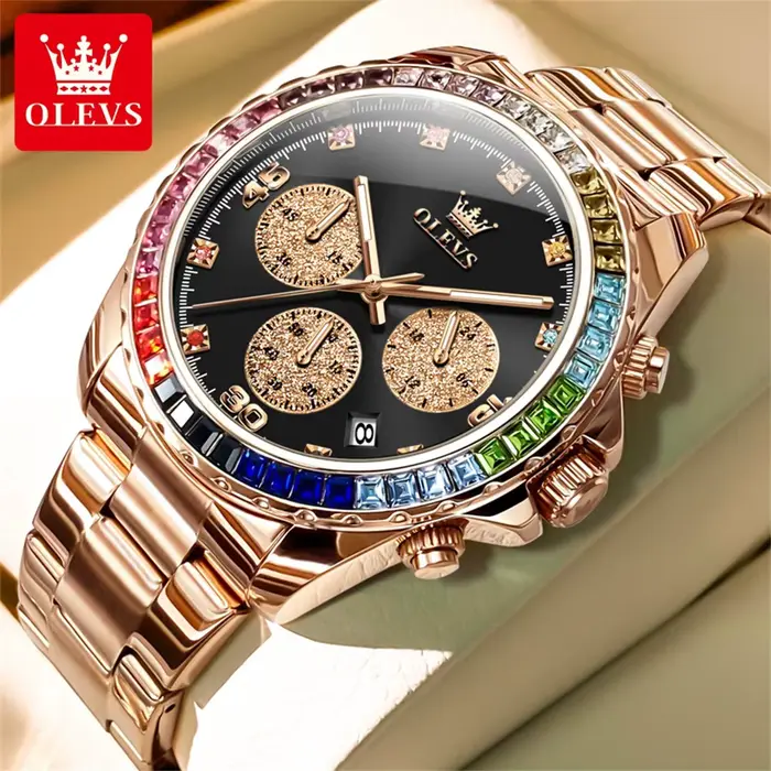 Montre homme OLEVS arc-en-ciel pierre précieuse lunette affichage date automatique résistante à l'eau occassions sport et élégance