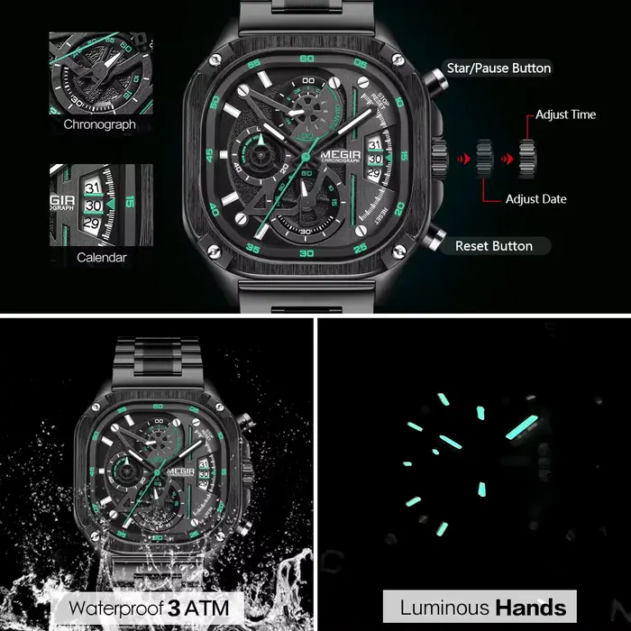 Montre MEGIR à Quartz noire homme étanche cadran carré montre-bracelet avec chronographe bracelet en acier inoxydable aiguilles lumineuses Date automatique occasions spéciales