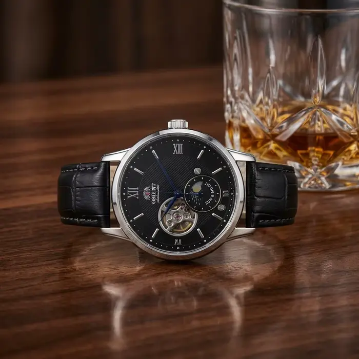 Montre automatique Orient Sun Moon Phase avec bracelet en cuir grain crocodile pour hommes, élégante pour occasions formelles et amateurs de montres complications mécaniques