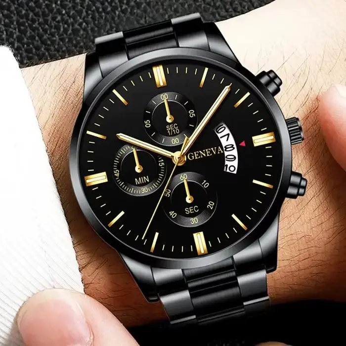 Mode hommes Montre en acier inoxydable calendrier de luxe Montre-bracelet à Quartz