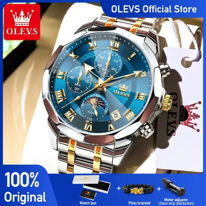 Montre Quartz Multifonctionnelle Chronographe Étanche Phase de Lune Cadeau Original Occasions Spéciales Homme