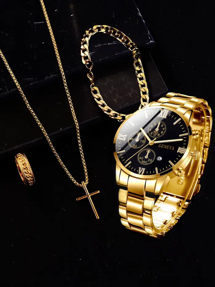 Ensemble de 4 montres à quartz pour hommes en alliage d'or avec calendrier romain et collier croix