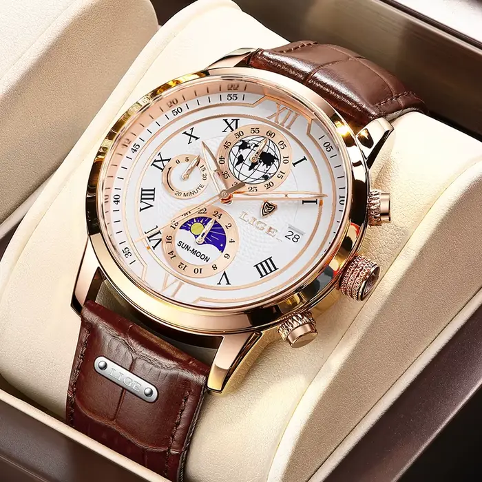 Nouvelles Montres Hommes 2026 LIGE Marque Haut de Gamme Cuir Chronographe Étanche Sport Automatique Date Quartz