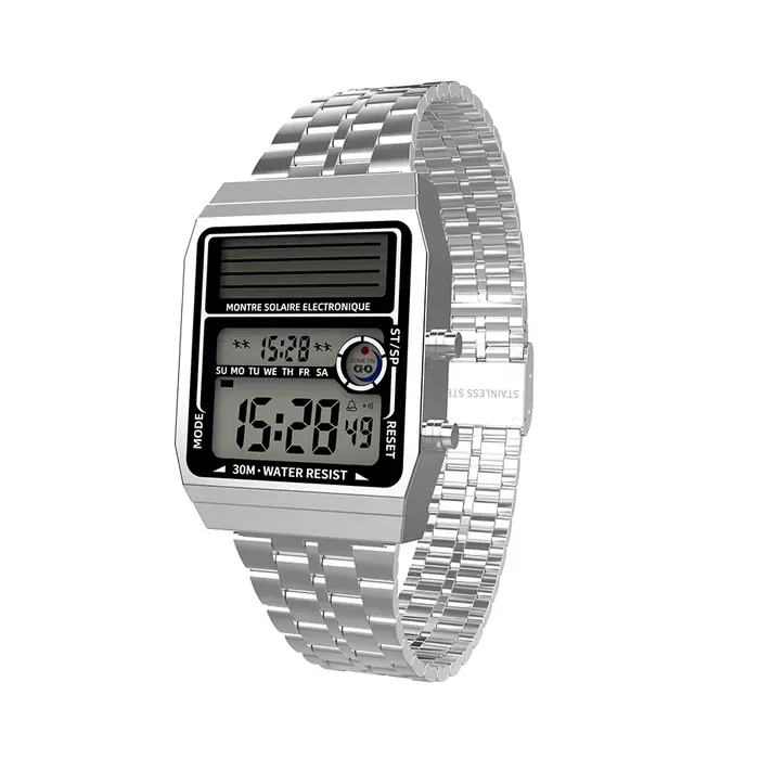 Montre électronique multifonction solaire rétro à la mode, la durée de vie de la batterie peut attei