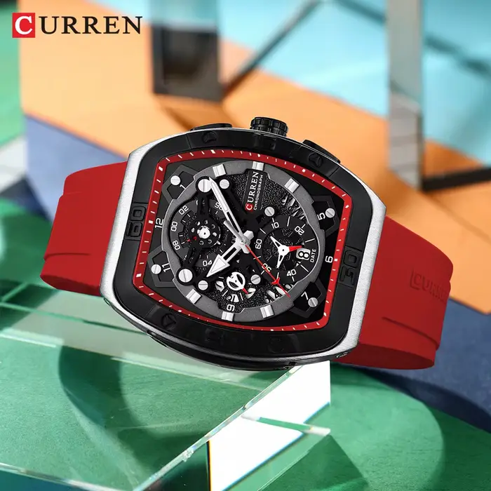 Montre chronographe Curren design de boîtier tonneau avec bracelet en silicone sport quartz rouge et noir pour homme occasions spéciales