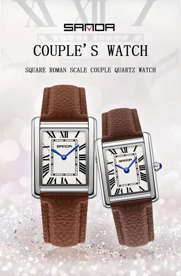 SANDA Couple réservoir montres résistant à l'usure bracelet en cuir de luxe cadran carré 30M étanche sport décontracté