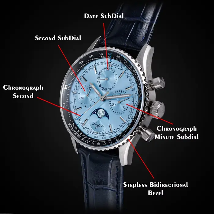 Sugess chronographe montre d'homme ST1908 mouvement à col de cygne mécanique phase de lune montres étanche calendrier Vintage nouveau S468