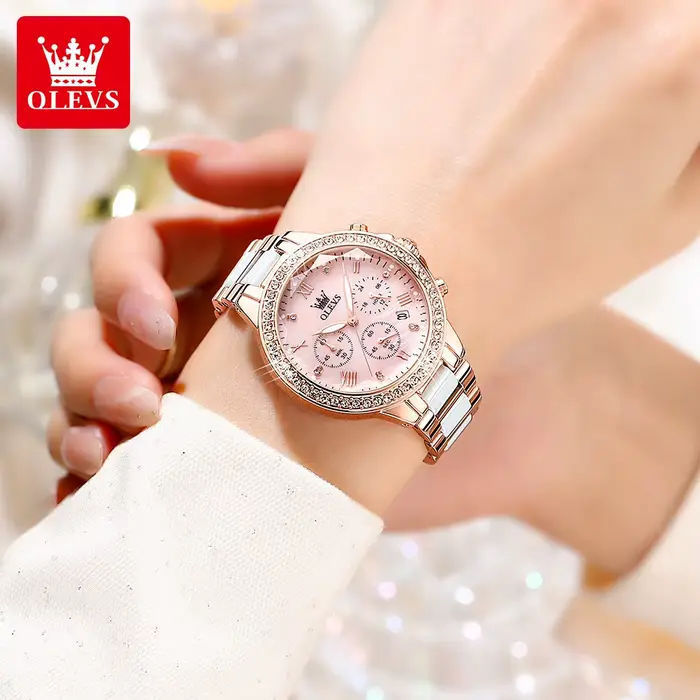 OLEVS 9999 femmes montre marque originale élégante étanche chronographe de luxe en céramique robe rose