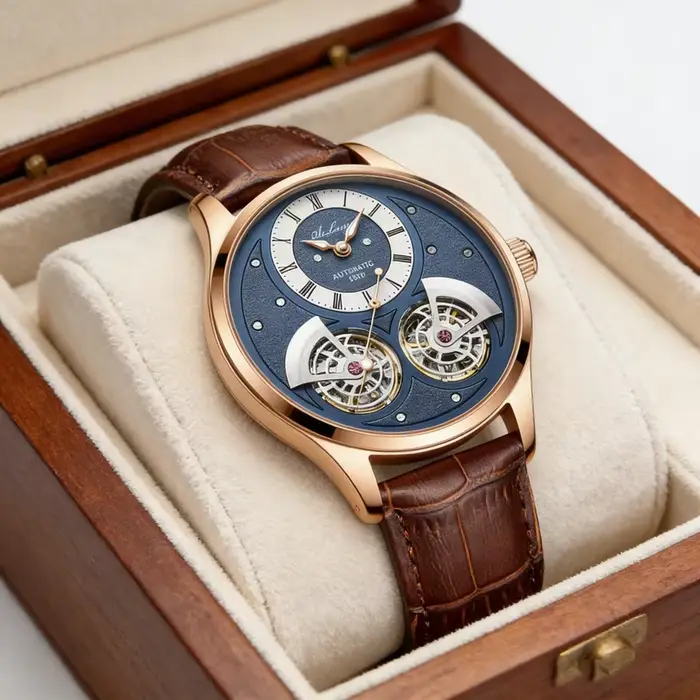 Montre mécanique Daniel Gorman pour homme à double tourbillon rotatif, mouvement automatique, résistante à l'eau, montre pilote avec affichage squelette et numérotation romaine pour homme