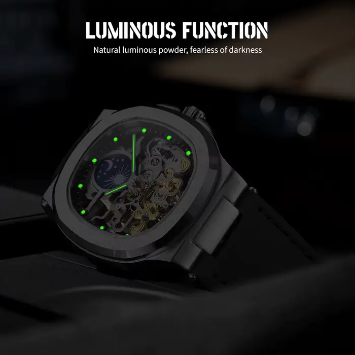 2025High-end luxe SKROX carré homme montre saphir Tourbillon acier squelette Phase de lune mouvement automatique en cuir hommes montres