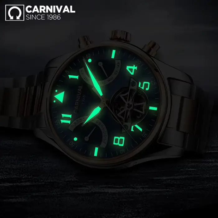 Montre mécanique Carnaval Tourbillon automatique saphir lumineuse avec calendrier complet et affichage de la semaine pour hommes occassions spéciales