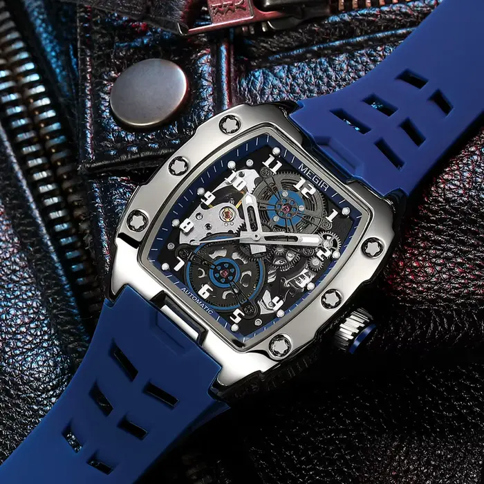 MEGIR montres mécaniques automatiques pour hommes 43MM Tonneau cadran squelette homme montre-bracelet étanche lumineux mâle horloge Reloj Hombre
