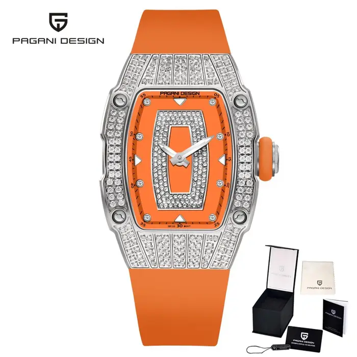 PAGANI DESIGN Top luxe diamant incrusté montre pour femme mode caoutchouc étanche lumineux vin seau boîtier