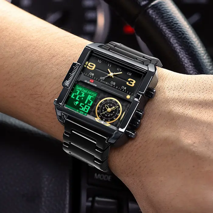 2025 nouveaux hommes montre LED mode carré créatif mouvement à Quartz noir en acier inoxydable étanche chronométrage