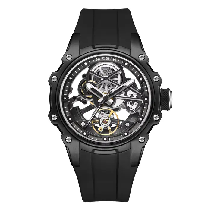Montre mécanique automatique MEGIR 2243 avec cadran squelette, boîtier en acier inoxydable, étanche,