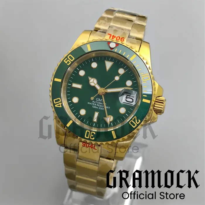 Montres Vintage personnalisées pour hommes, or jaune NH34, automatique, mécanique, cadran vert, lunette rotative, saphir, étanche, GMT