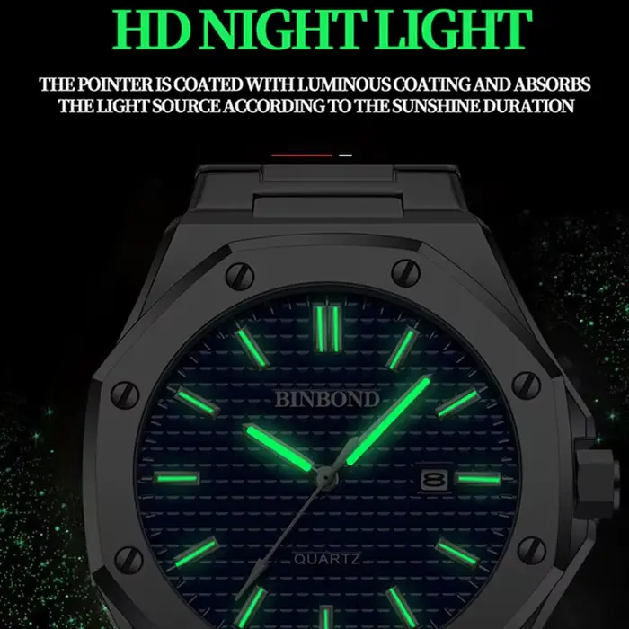 BINBOND chaud nouveau homme montre bracelet en alliage avec vis octogonale anneau décoratif mouvement à Quartz haut de