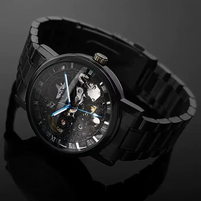 Gagnant noir hommes montre Cool mécanique automatique montre-bracelet en acier inoxydable bande mâle