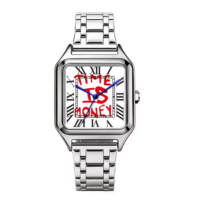 Nouvelle Montre Homme Créative 2026 « L'argent est du temps » Carrée de Luxe à Quartz Cadran Graffit