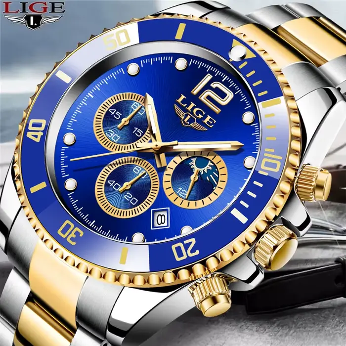 Montre homme LIGE acier inoxydable avec chronographe et résistance à l'eau pour homme occasionnels spéciaux quartz élégante à offrir