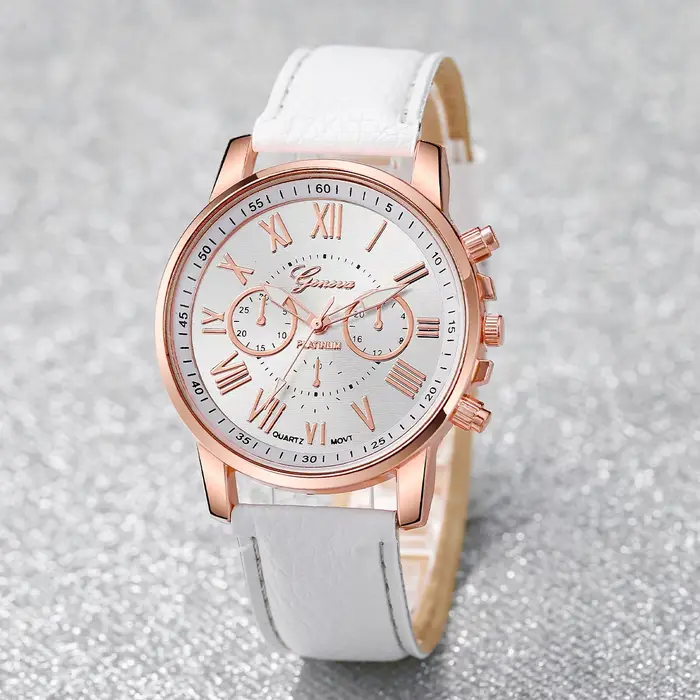 Ensemble montre femme en cuir blanc et or rose