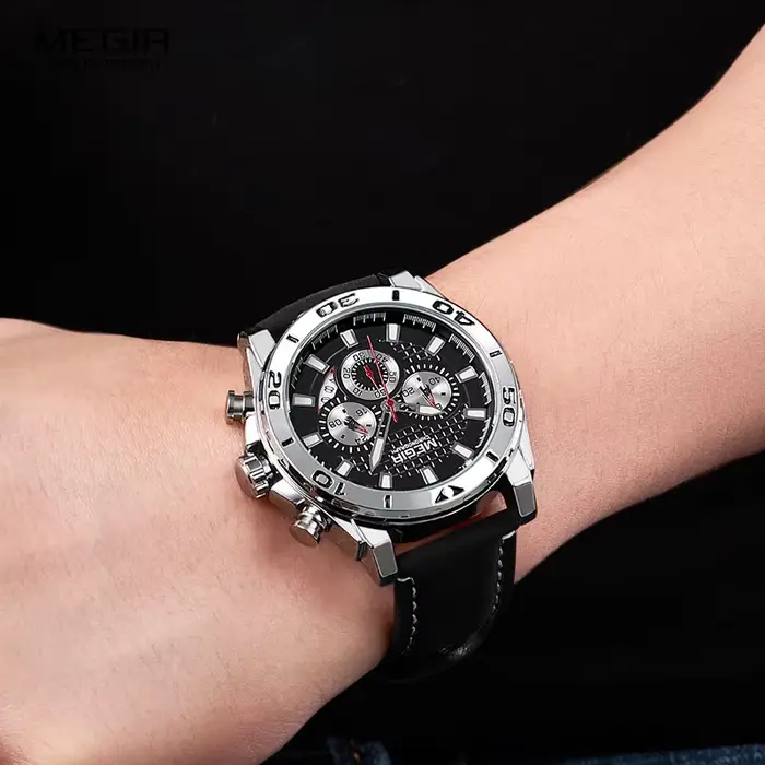 MEGIR hommes armée sport chronographe montres à Quartz bracelet en cuir lumineux étanche montre-bracelet homme Relogios horloge 2094 argent