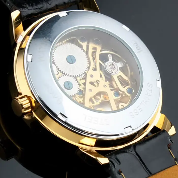 Gagnant célèbre marque mécanique chaude populaire pour hommes homme mode décontracté classique squelette montres cadran en or bracelet en cuir