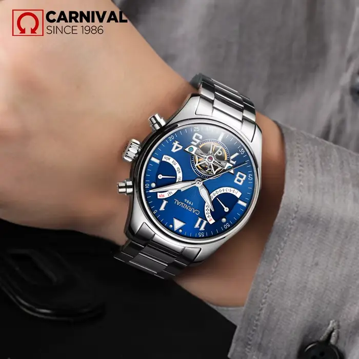 Montre mécanique Carnaval Tourbillon automatique saphir lumineuse avec calendrier complet et affichage de la semaine pour hommes occassions spéciales