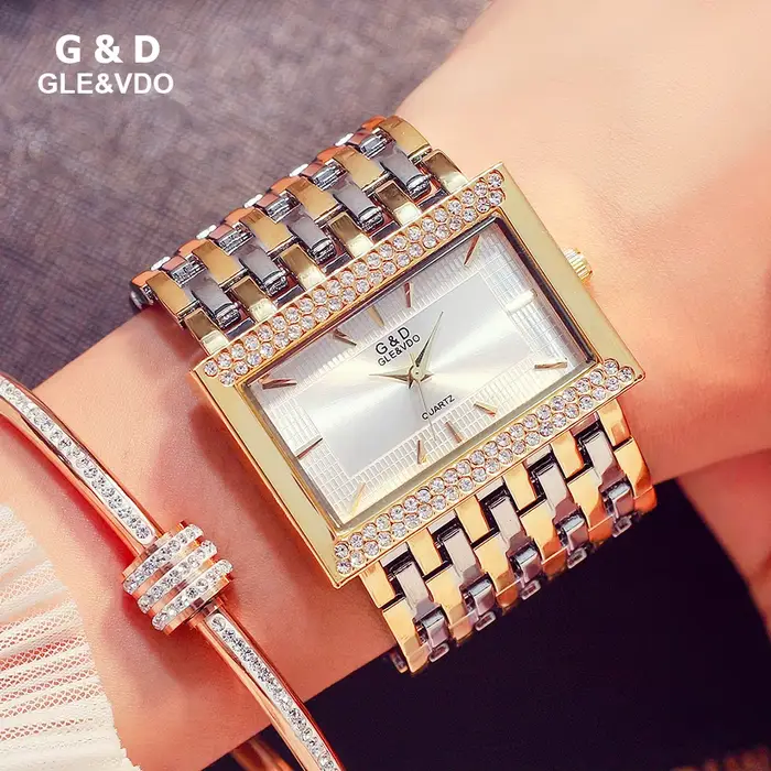Montre rectangulaire G&D en acier inoxydable avec mouvement à quartz pour femmes occasions spéciales