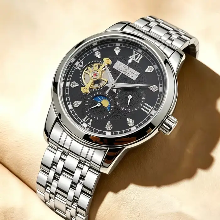 Nouvelle montre mécanique automatique homme design squelette affichage phases lunaires bracelet acier diamants étanche pour homme occasions professionnelles