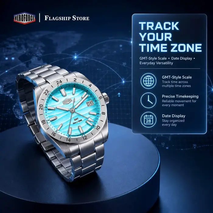 Montre Homme HEROFORCE GMT 2026 Nouvelle Montre-Bracelet en Acier Inoxydable avec Cadran Turquoise, Date Lumineuse, Quartz Sport et Affaires