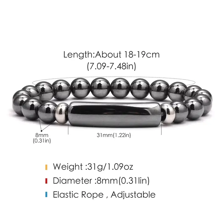 Bracelet en hématite naturelle pour hommes – Perles en forme de baril pour la paix