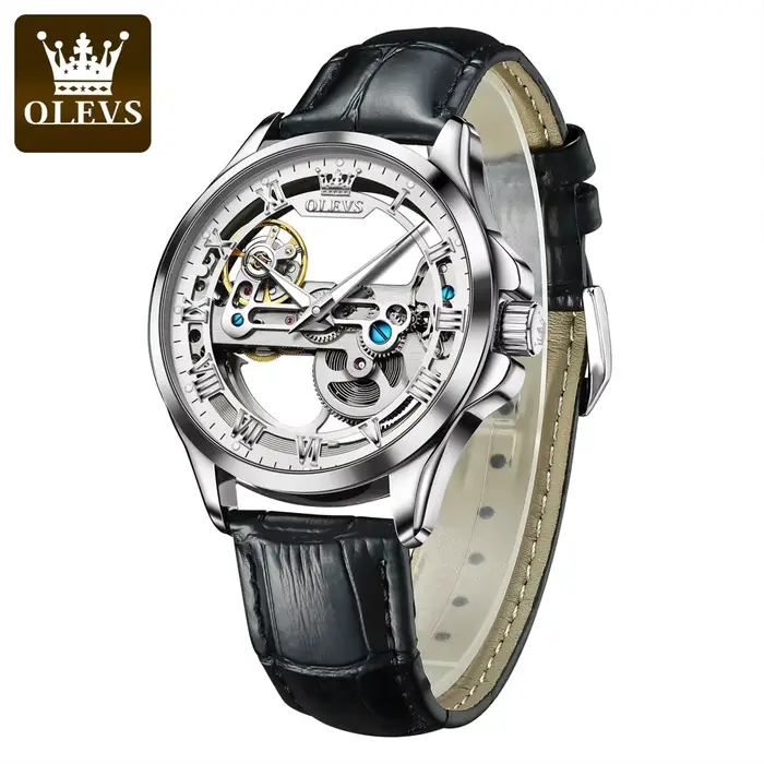 OLEVS 6661 montres automatiques bracelet en cuir creux Transparent étanche lumineux mécanique montre-bracelet pour