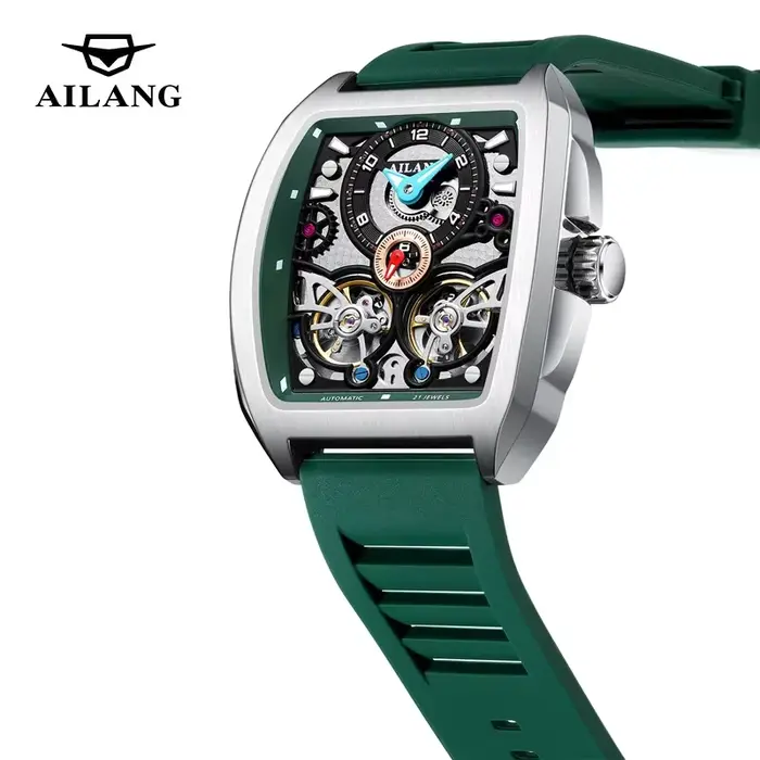 Montre automatique mécanique à double tourbillon en acier noir 8855
