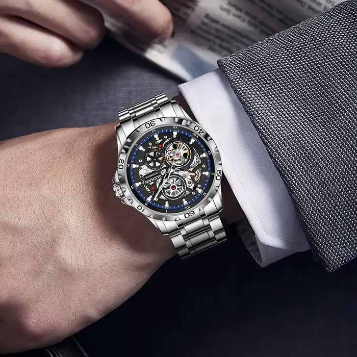 GLENAW Steampunk squelette montre pour hommes anneau de luxe automatique montres mécaniques lumineux étanche bracelet
