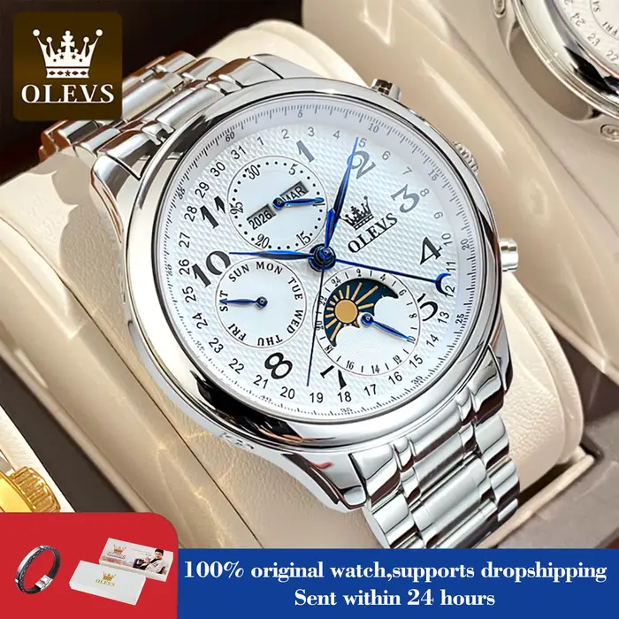 Montre OLEVS 6667 haute technologie pour hommes avec affichage de la phase de lune et de la semaine mode et casual occasions spéciales