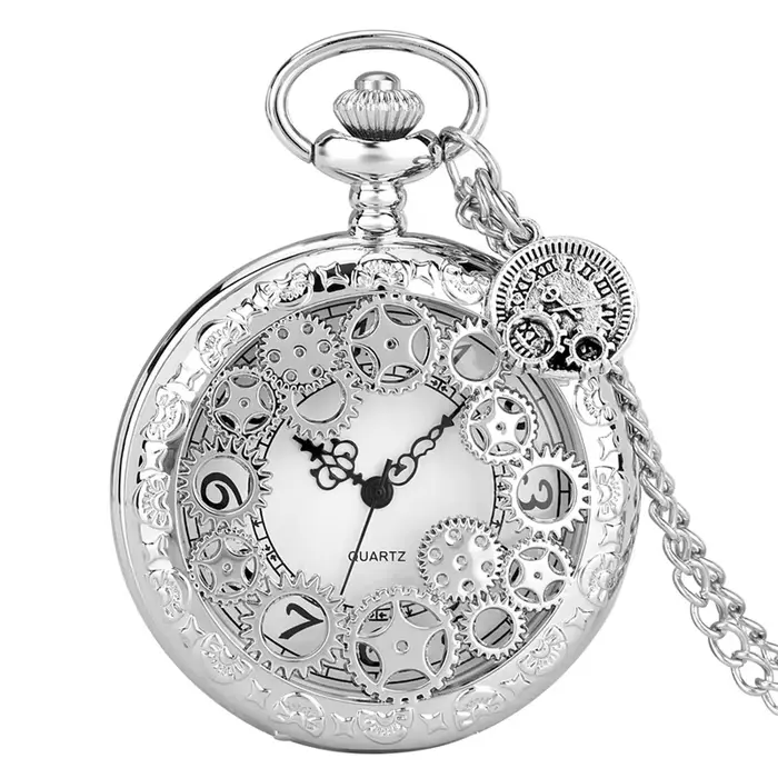 Montre de poche à engrenages creux argentée pour hommes et femmes, montre analogique à quartz avec p